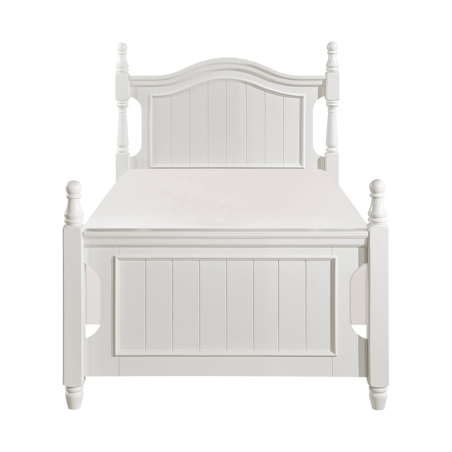 White wooden twin bed frame with spindle posts and a paneled headboard
