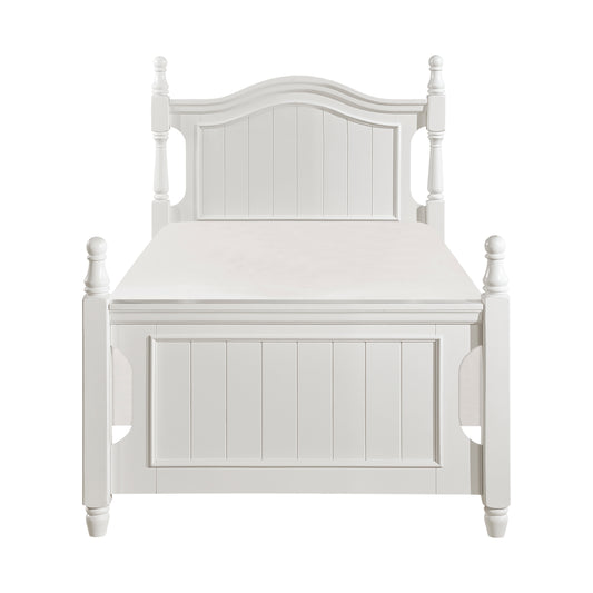 White wooden twin bed frame with spindle posts and a paneled headboard