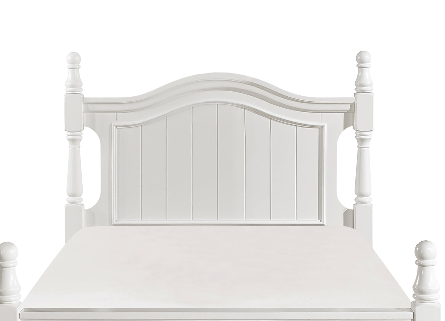 White wooden twin bed frame with carved headboard and finial posts