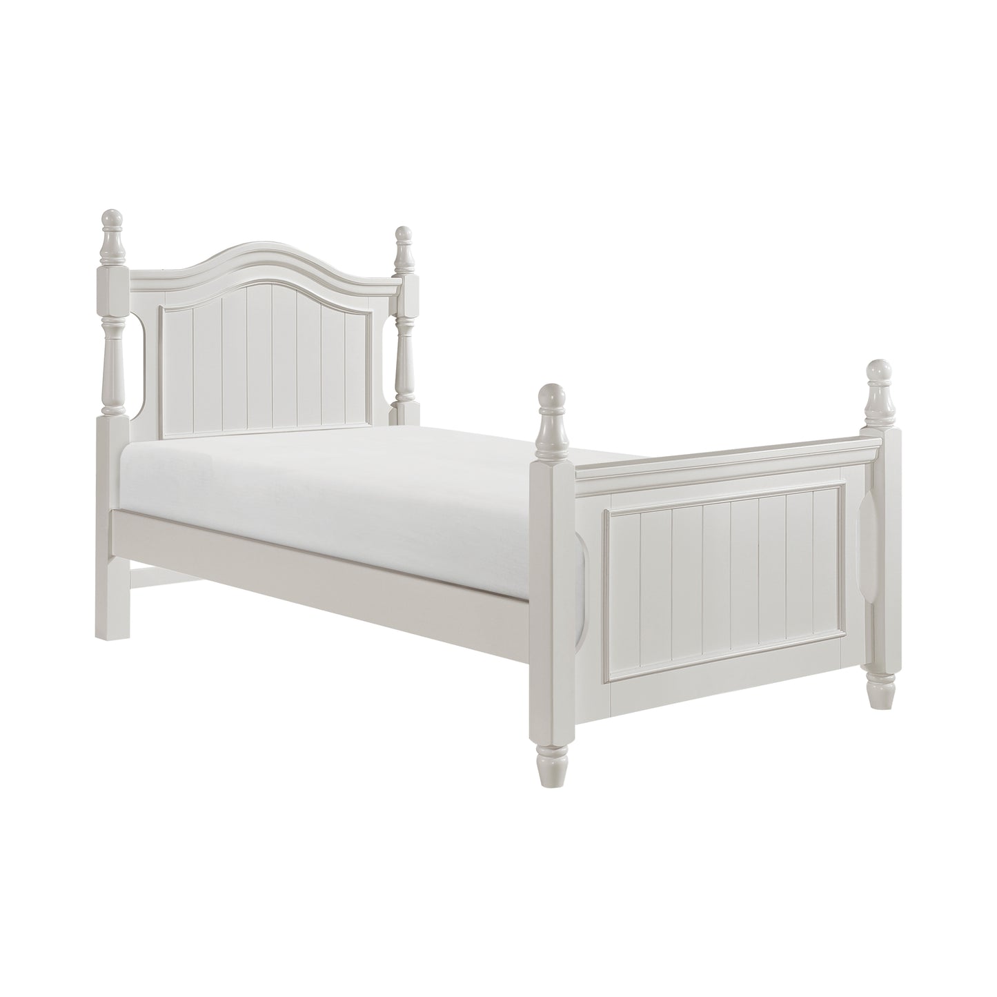 White wooden twin bed frame with paneled headboard and footboard