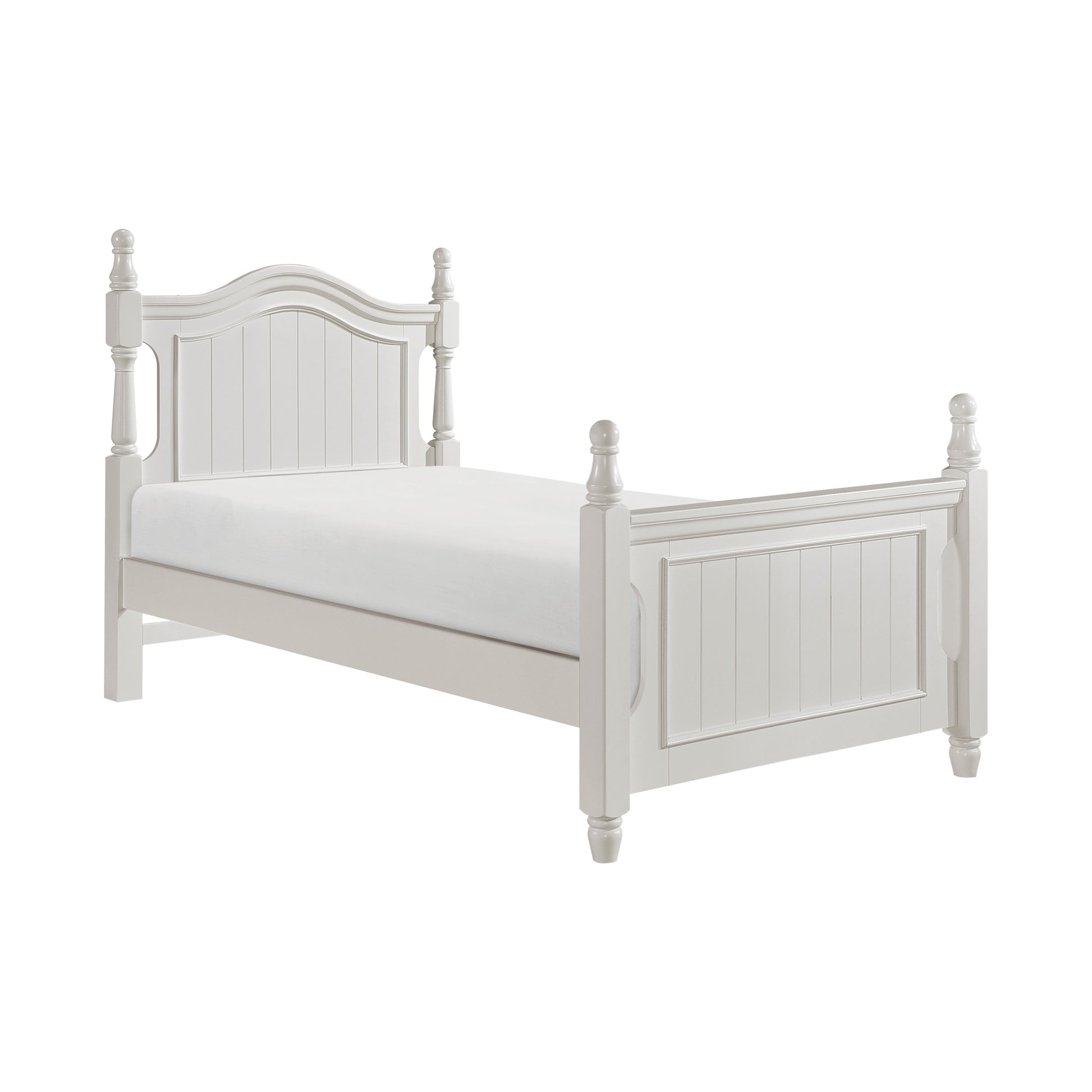 White wooden twin bed frame with paneled headboard and footboard