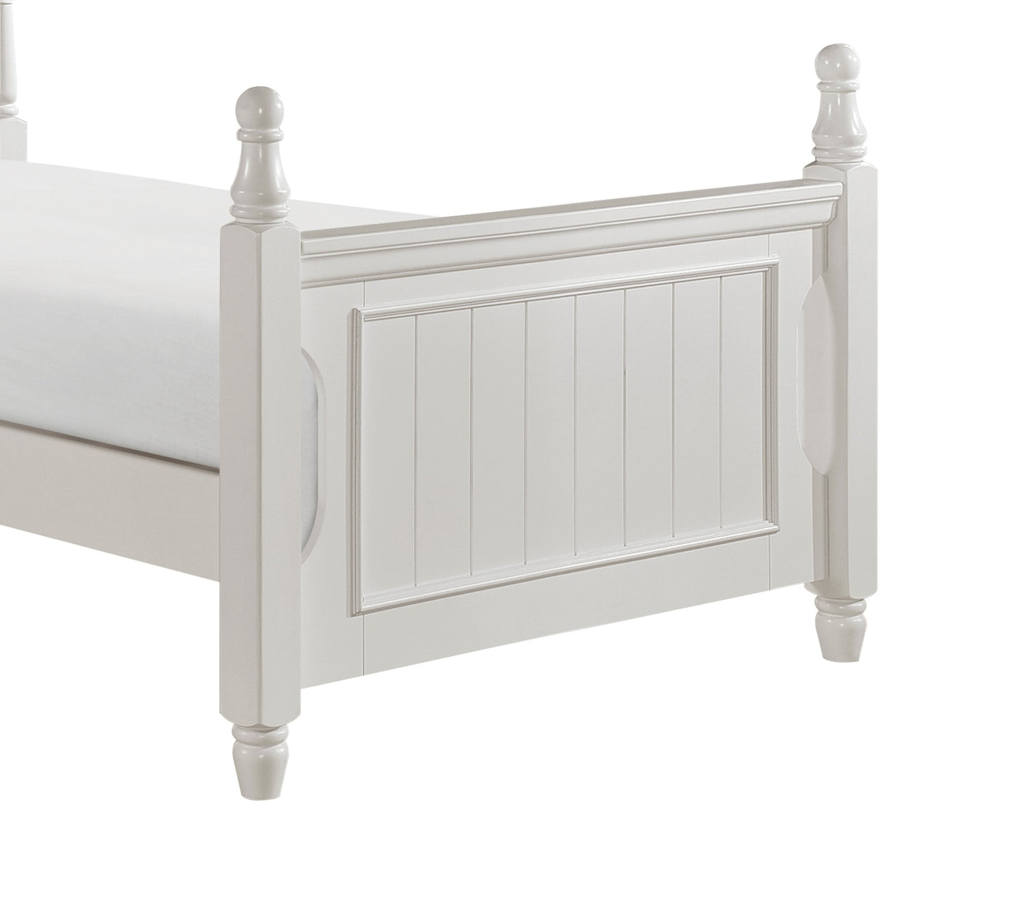 White wooden bed frame with beaded inset panel and turned posts