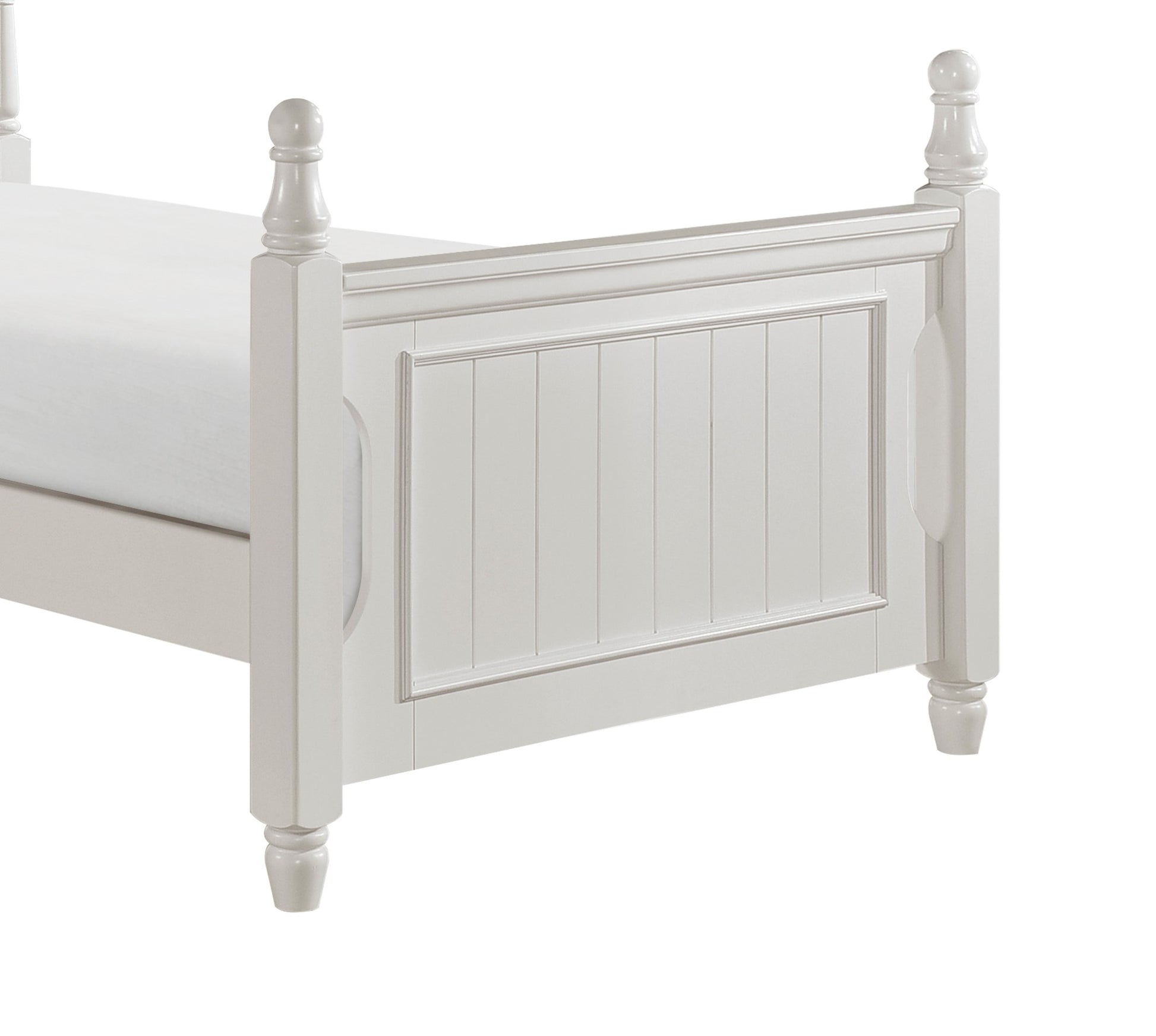 White wooden bed frame with beaded inset panel and turned posts