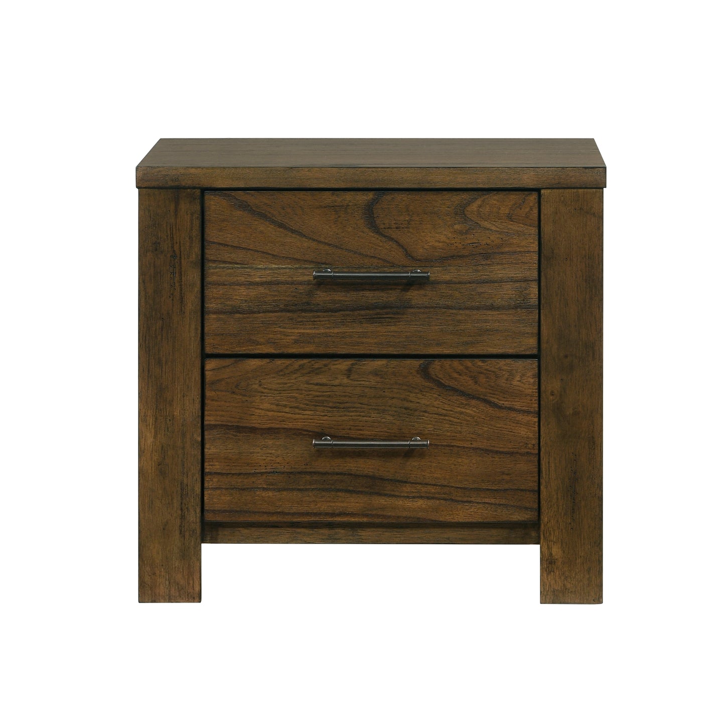 Dark wood twodrawer nightstand with brushed nickel handles