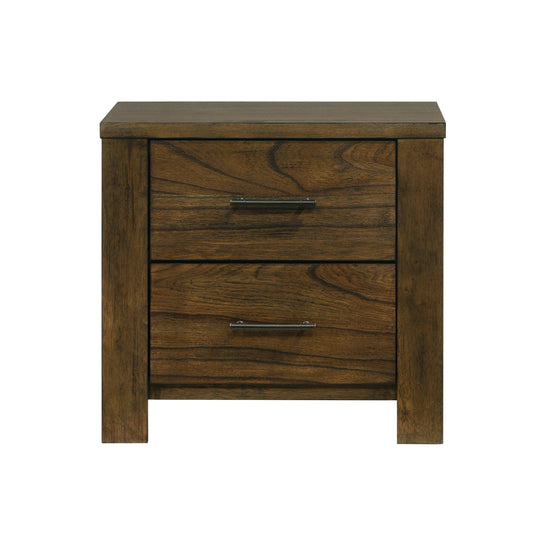 Dark wood twodrawer nightstand with brushed nickel handles
