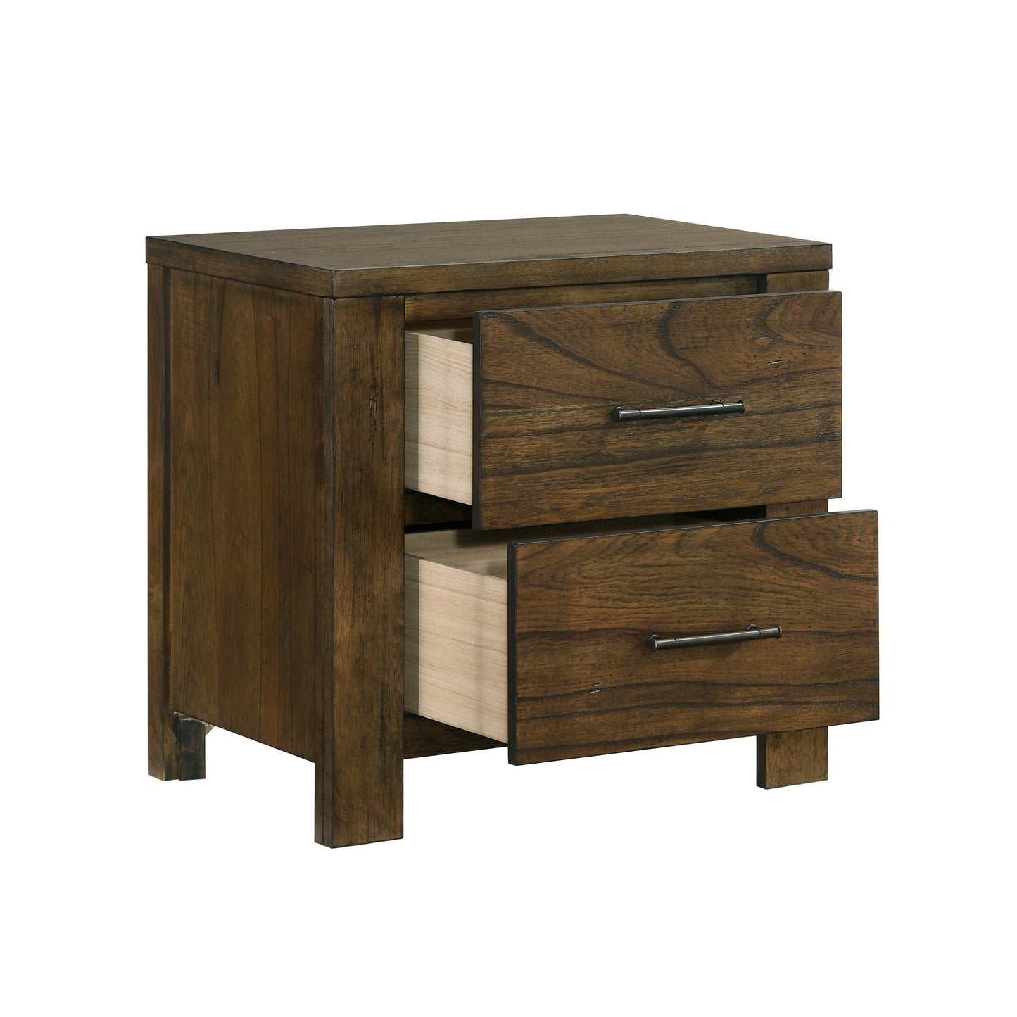 Dark wood twodrawer nightstand with metal hardware