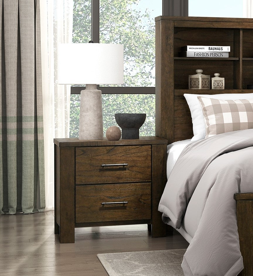 Brown wood nightstand with two drawers and silver hardware