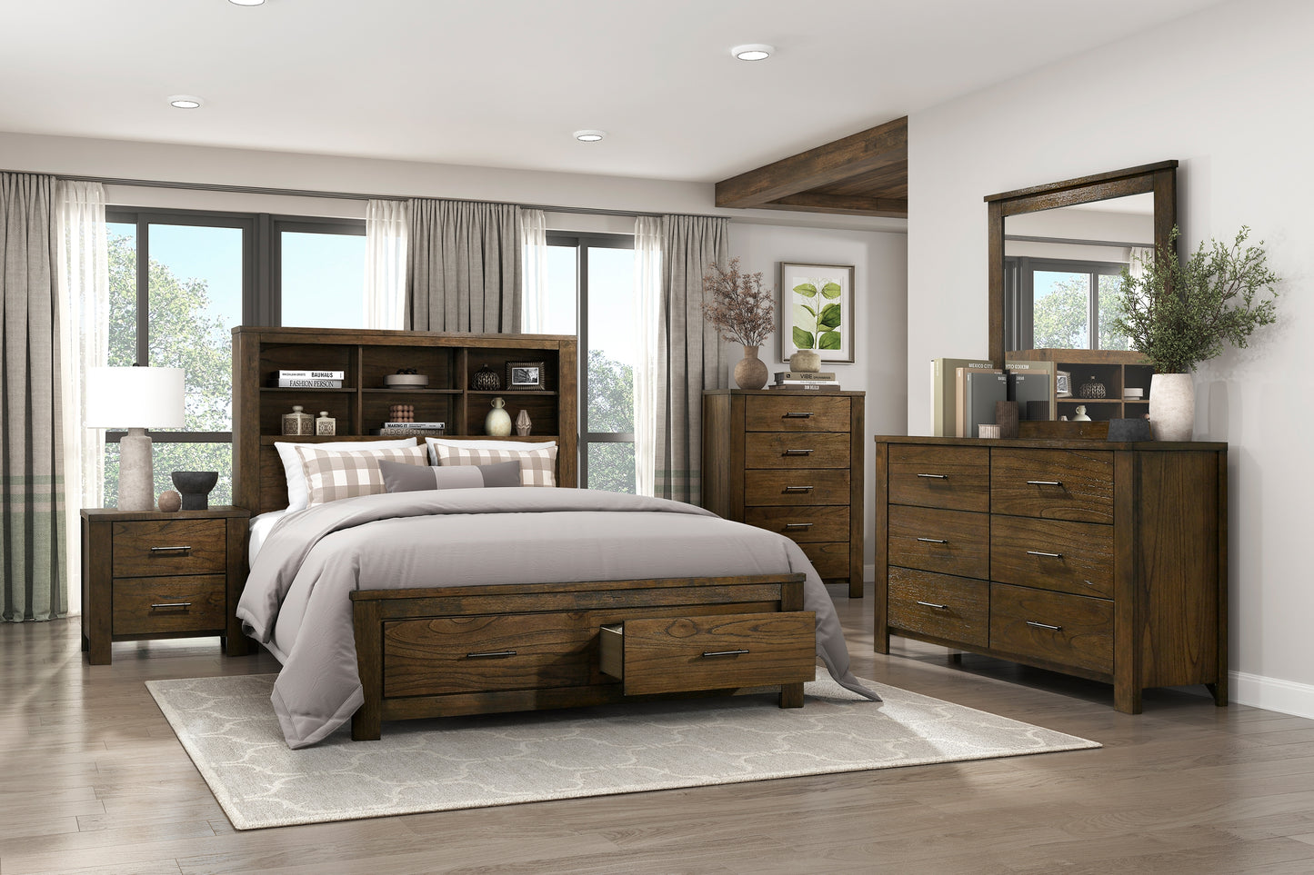 Rich brown wood bed frame with storage drawers