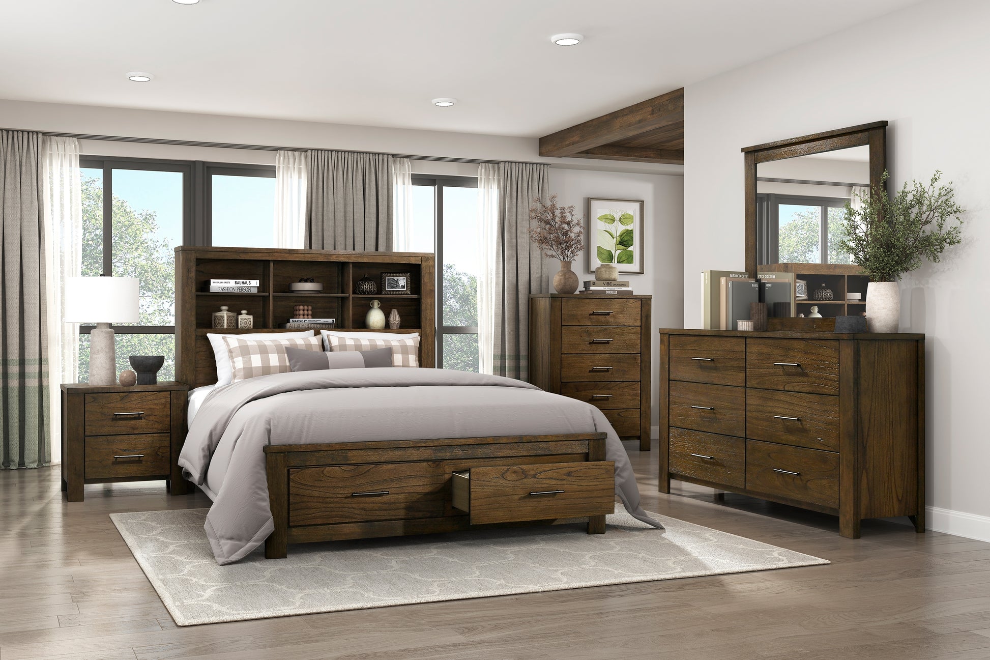Rich brown wood bed frame with storage drawers