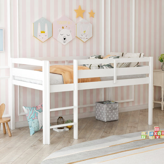 White wooden twin loft bed with ladder for kids room