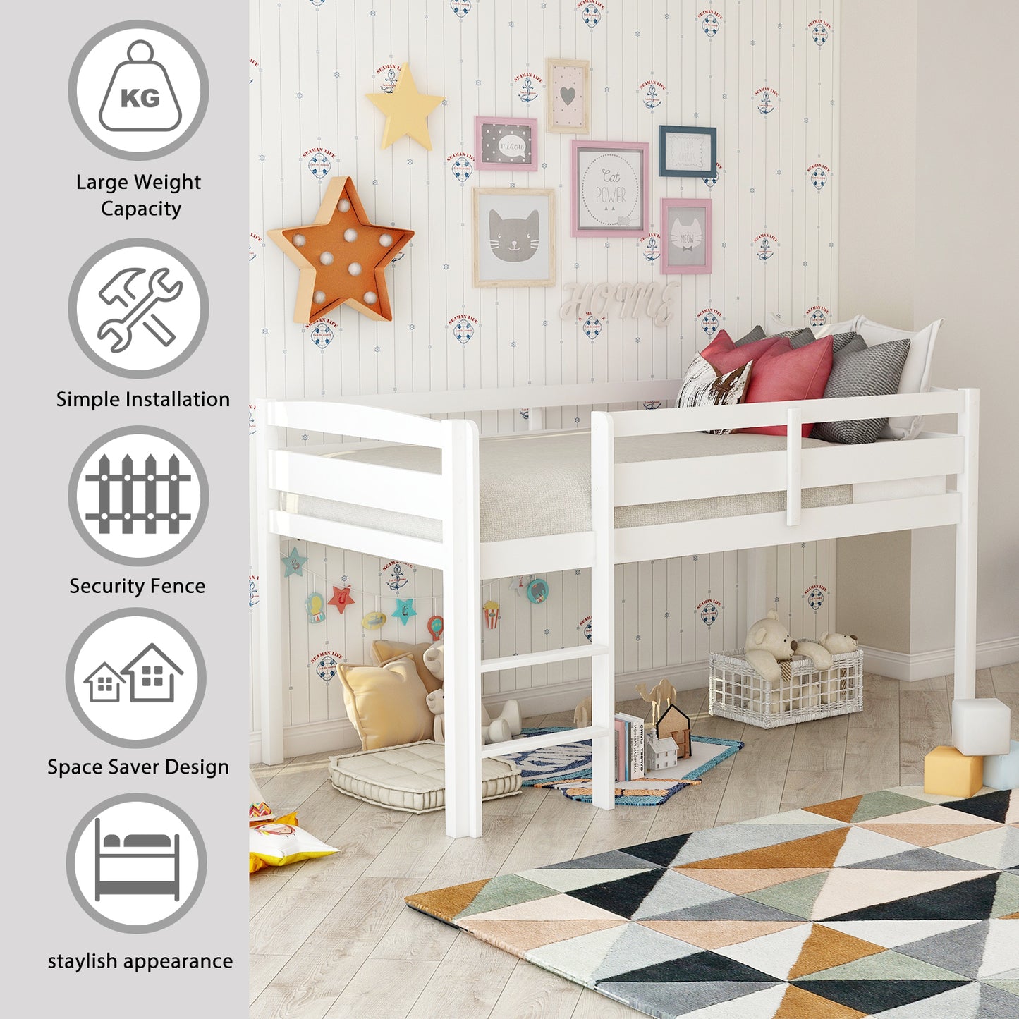 White wooden midsleeper bed with security fence and ladder