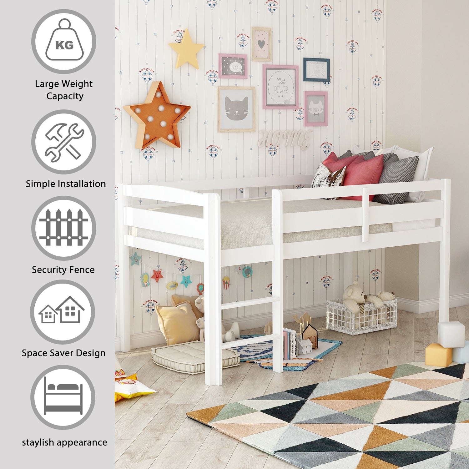 White wooden midsleeper bed with security fence and ladder