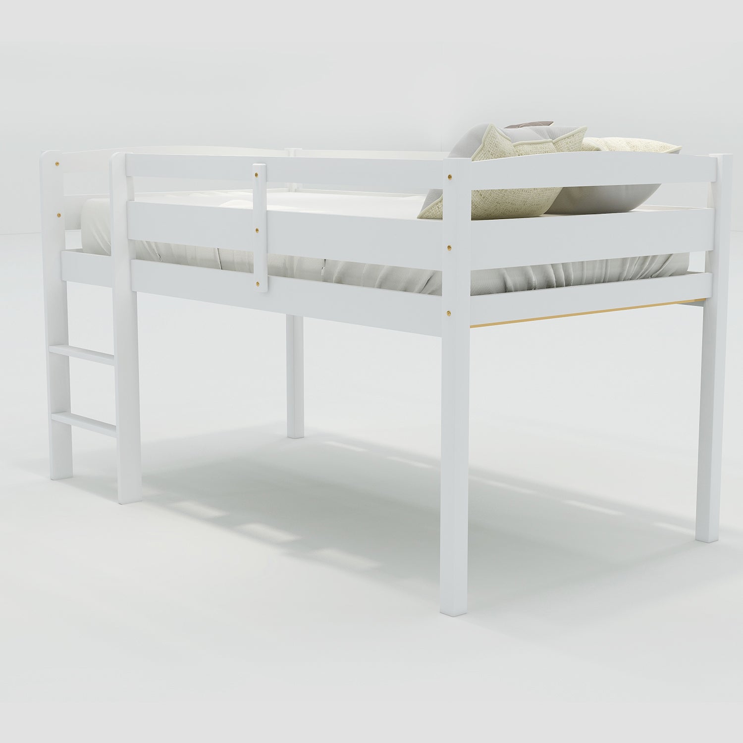 White wooden loft bed with ladder and safety rails