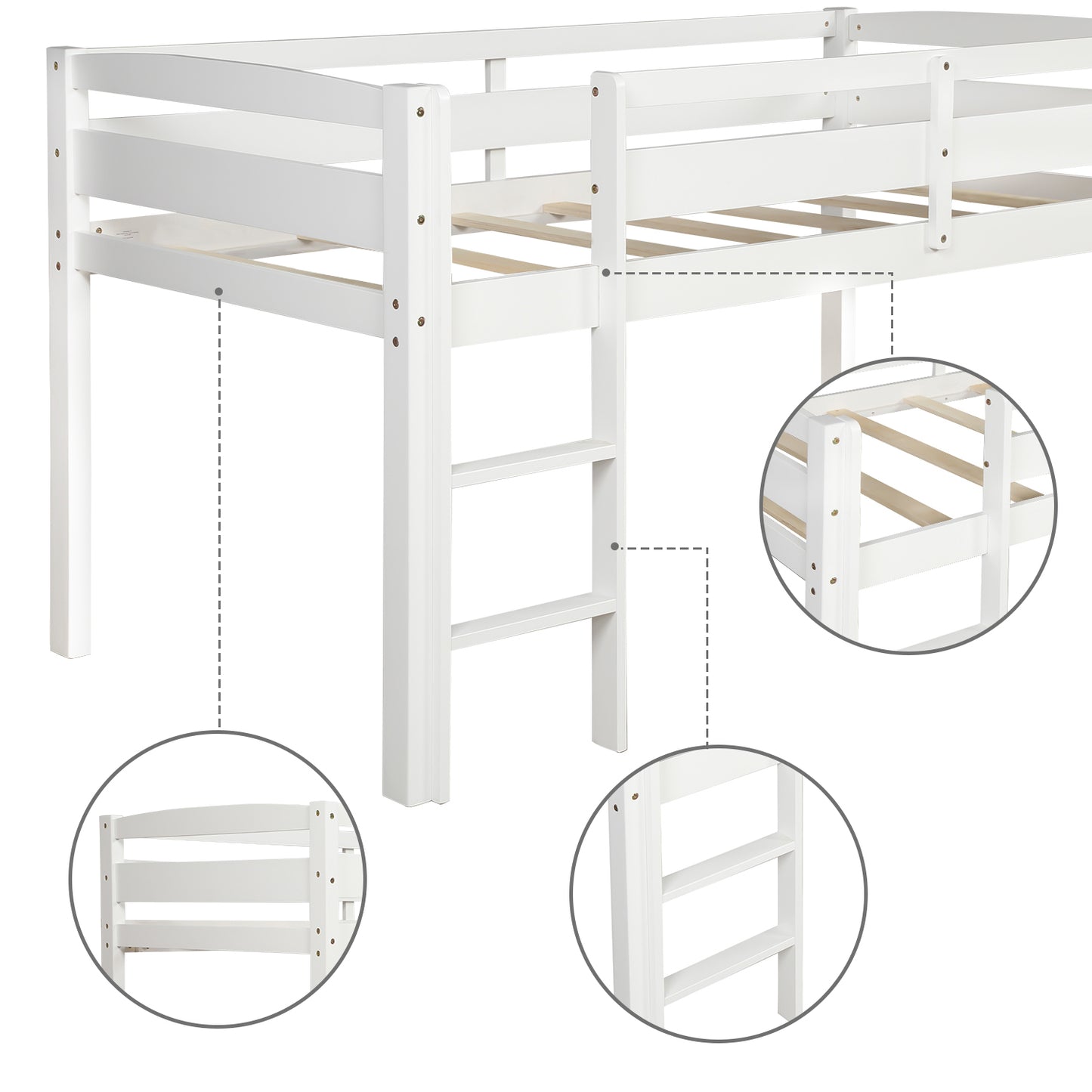 White wooden bunk bed frame detail with ladder