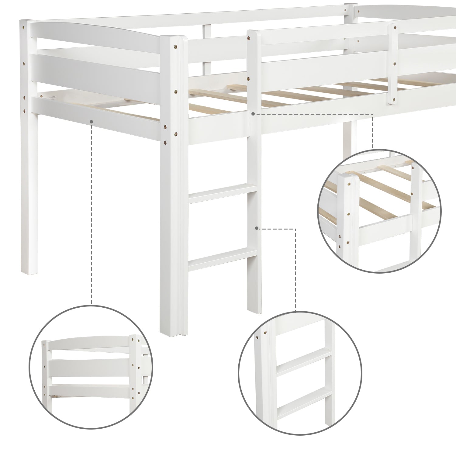 White wooden bunk bed frame detail with ladder