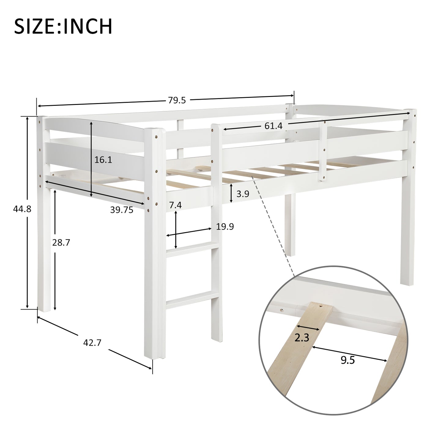 White wooden loft bed with ladder and dimensions shown