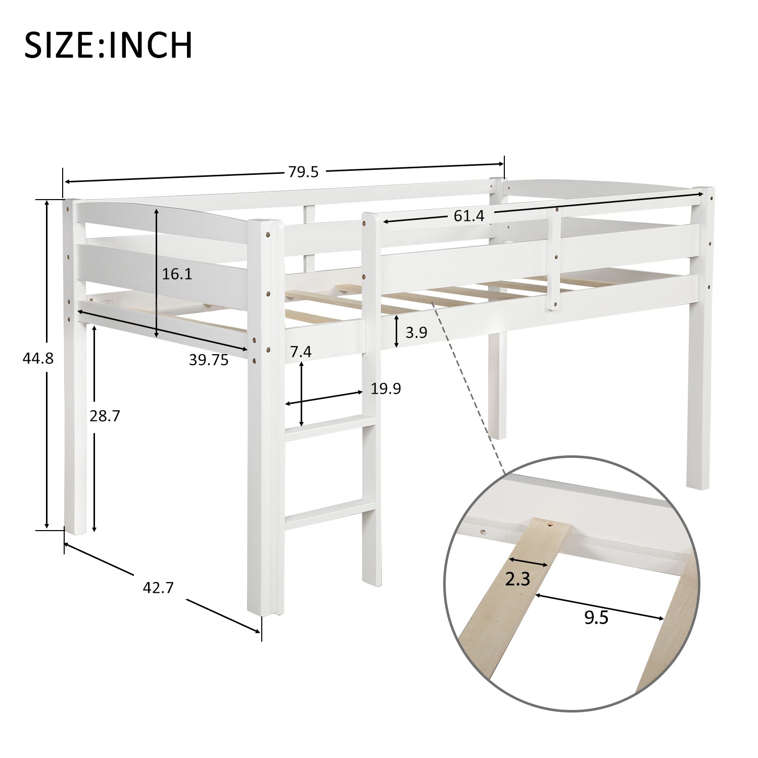 White wooden loft bed with ladder and dimensions shown