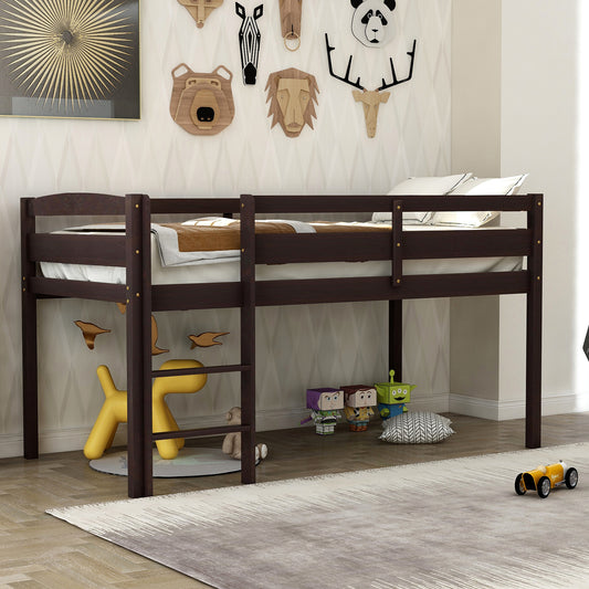 Dark brown wood loft bed with ladder for kids