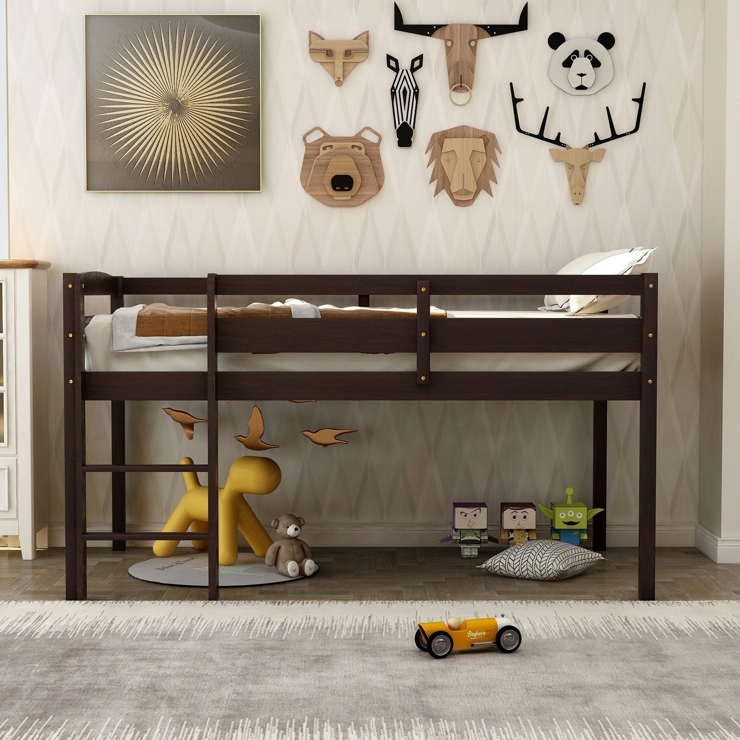 Dark brown wooden loft bed with white mattress and tan blanket