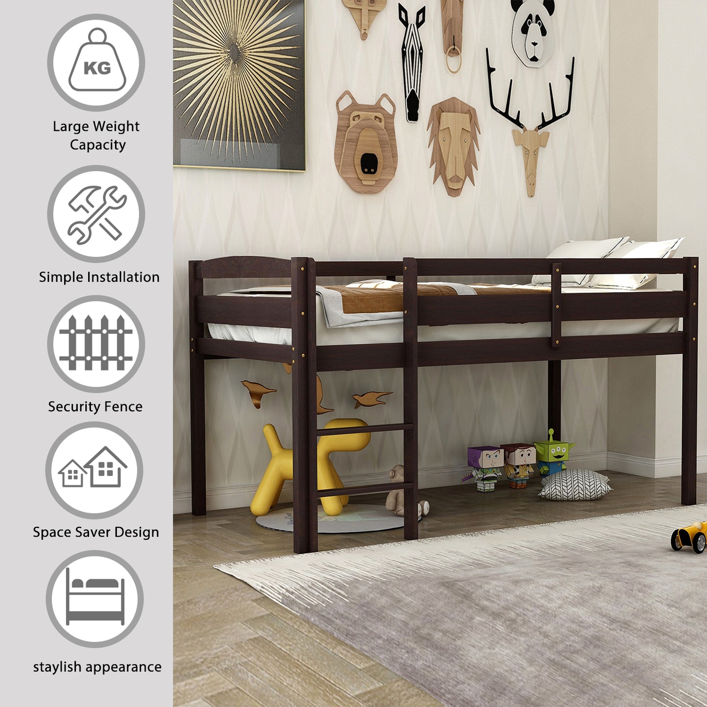 Dark brown wooden loft bed with security fence