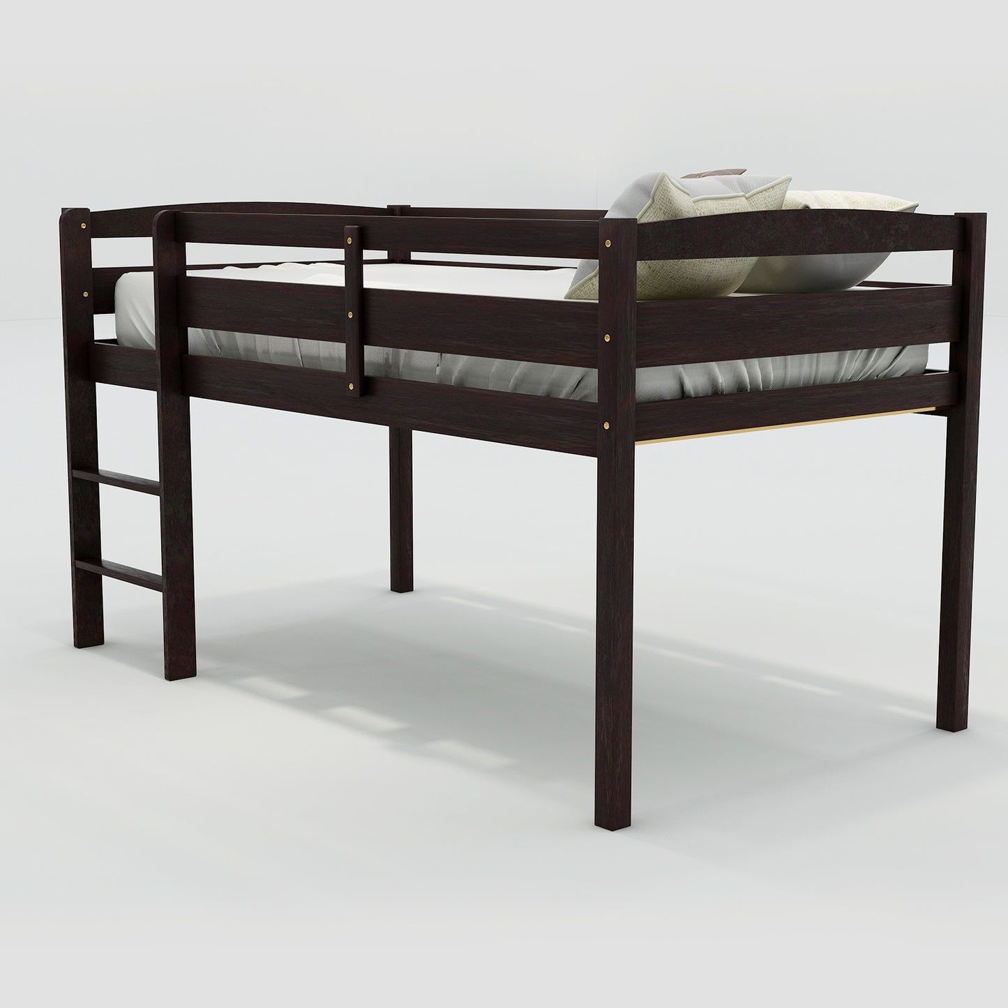 Dark brown wooden twin loft bed with ladder and pillows