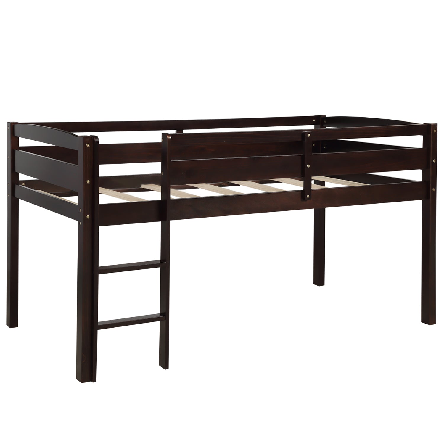 Dark brown wooden loft bed with attached ladder and slatted frame