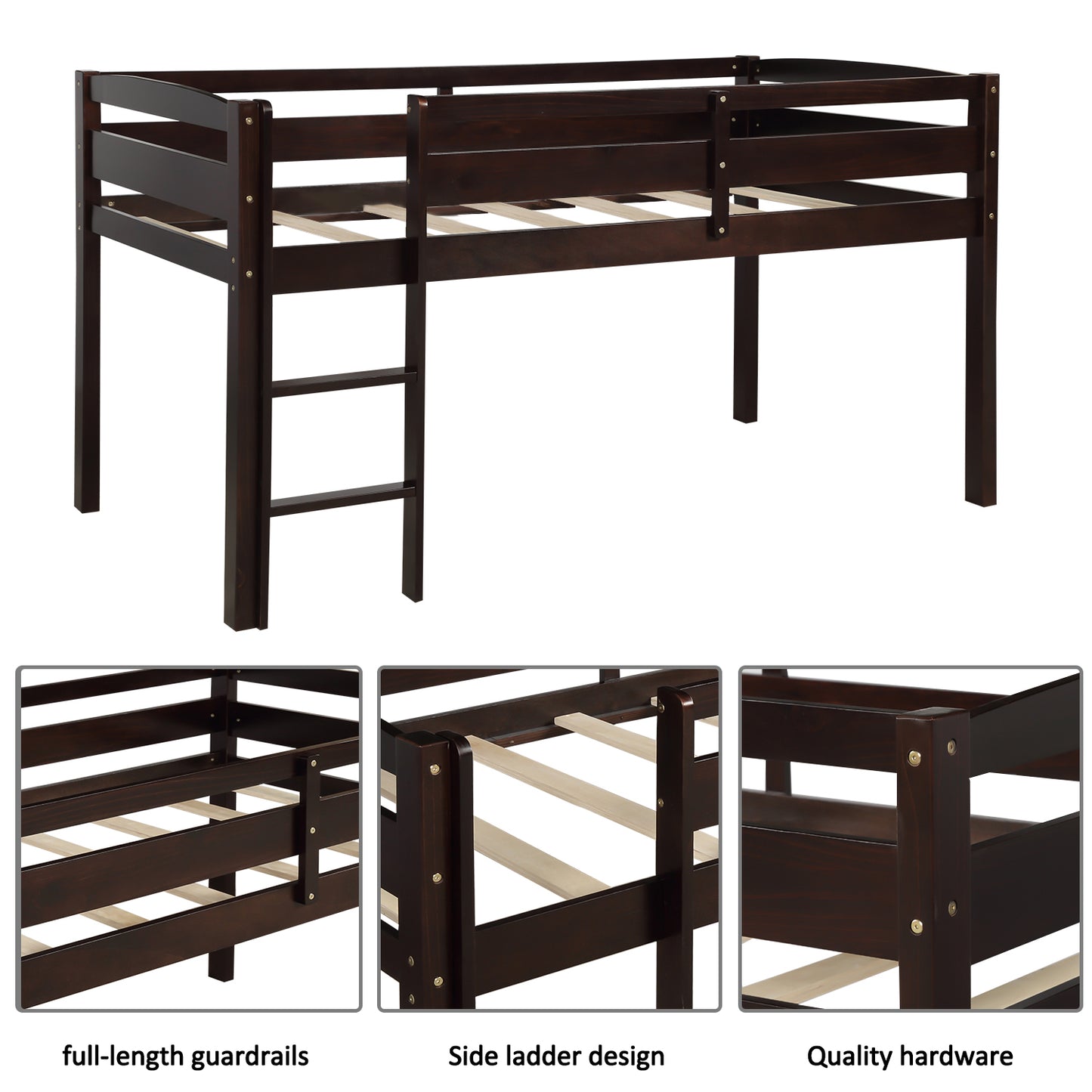 Dark brown wooden loft bed with ladder and guardrails
