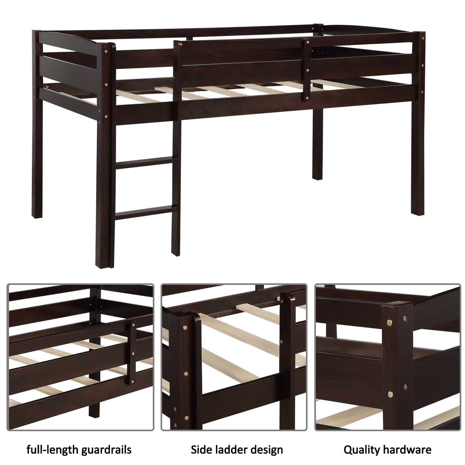 Dark brown wooden loft bed with ladder and guardrails