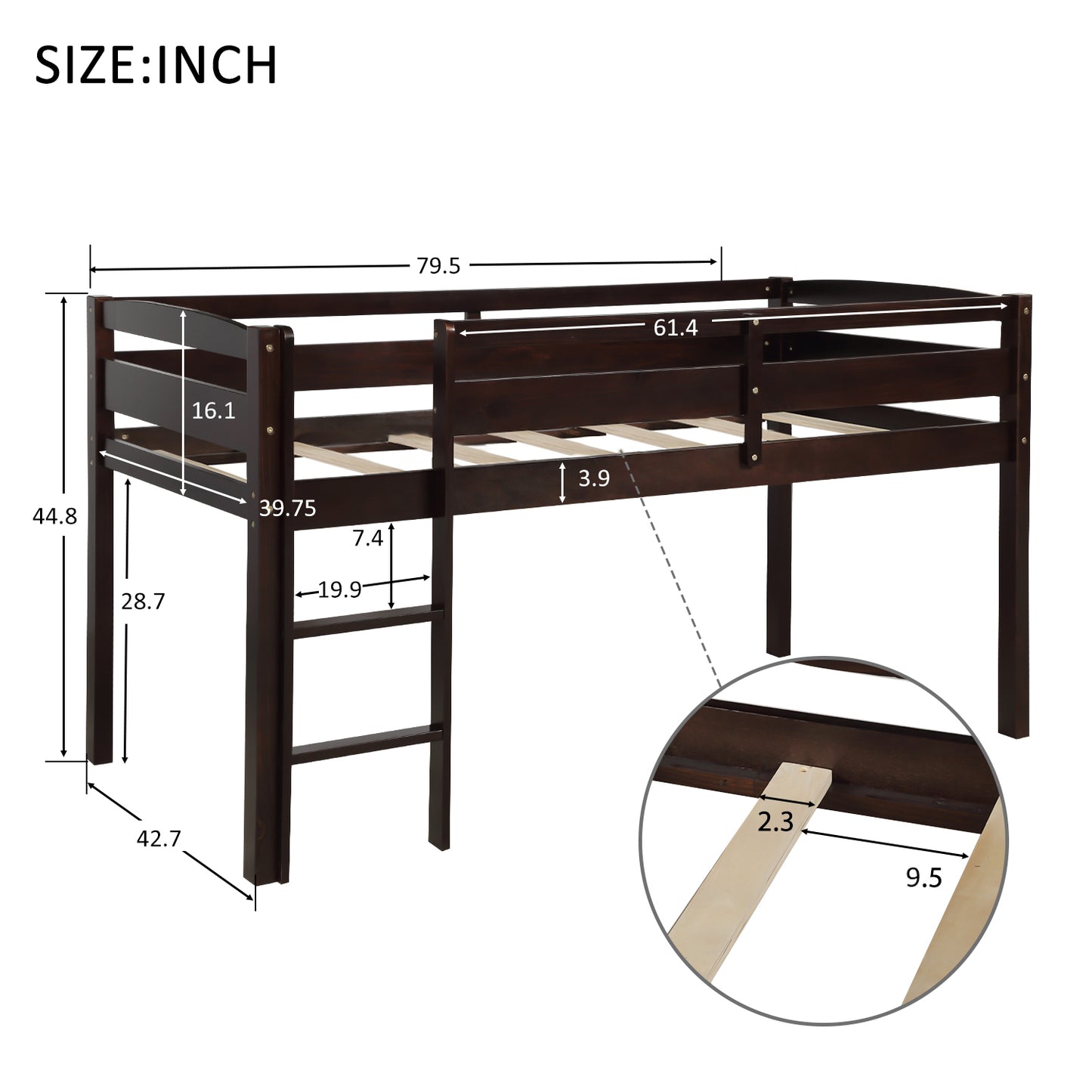 Dark brown wooden loft bed frame with ladder and detailed dimensions