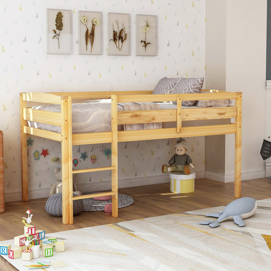 Natural wood twin loft bed with ladder and gray bedding