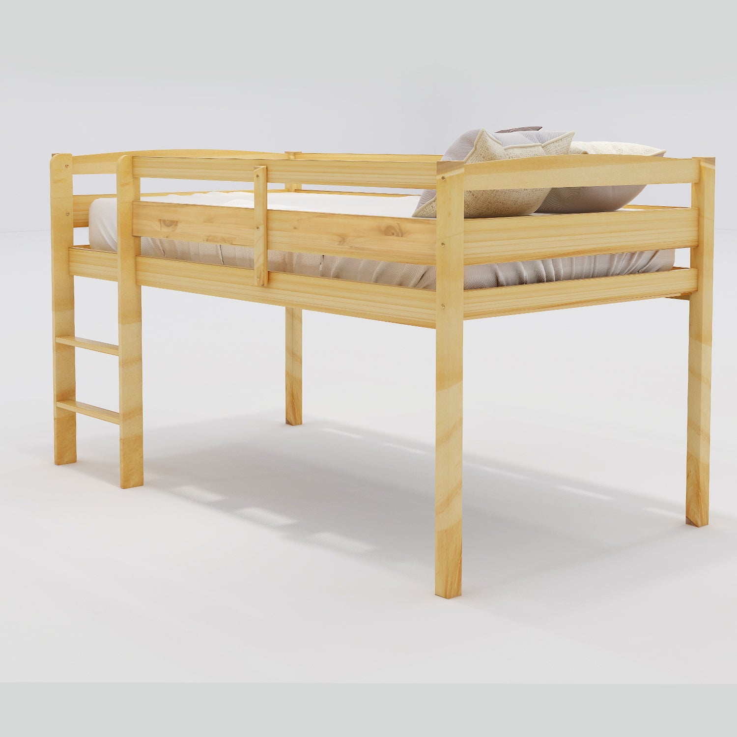 Natural pine wood loft bed with ladder and rails for childs room