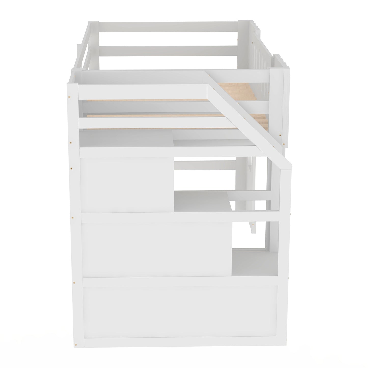 White wooden loft bed with integrated steps and guardrails for children