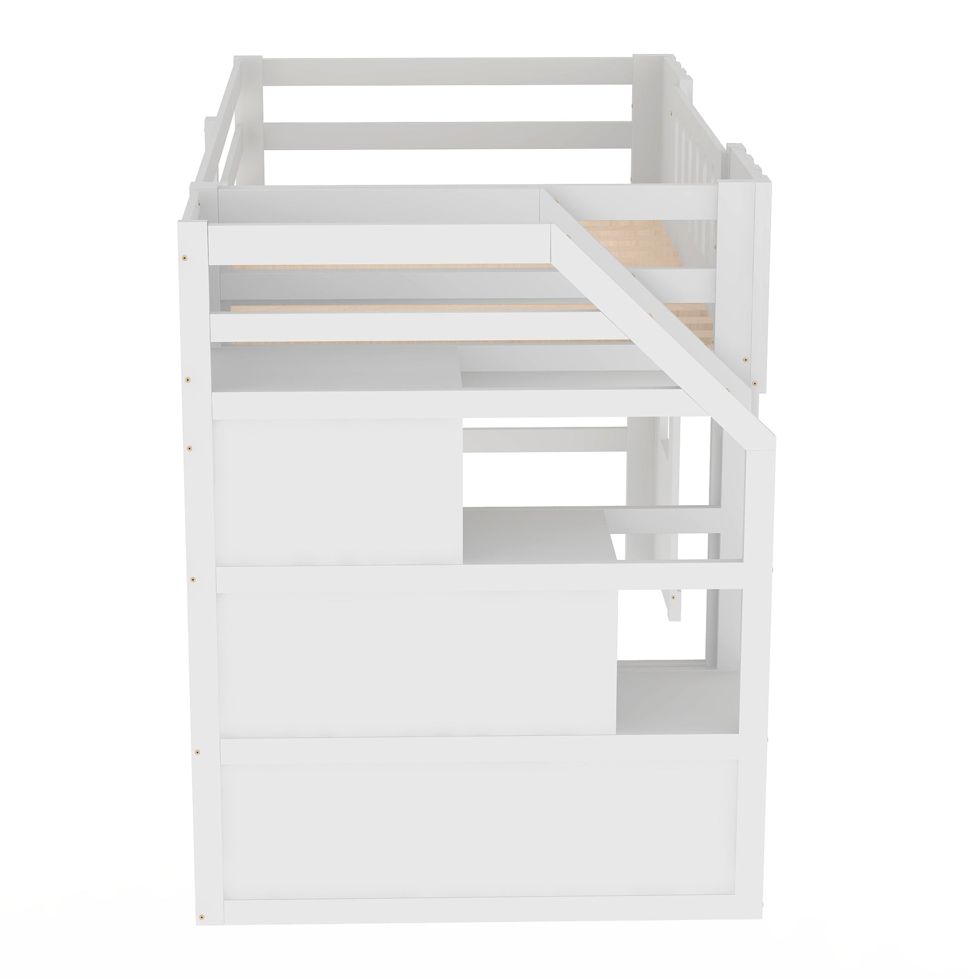 White wooden loft bed with integrated steps and guardrails for children