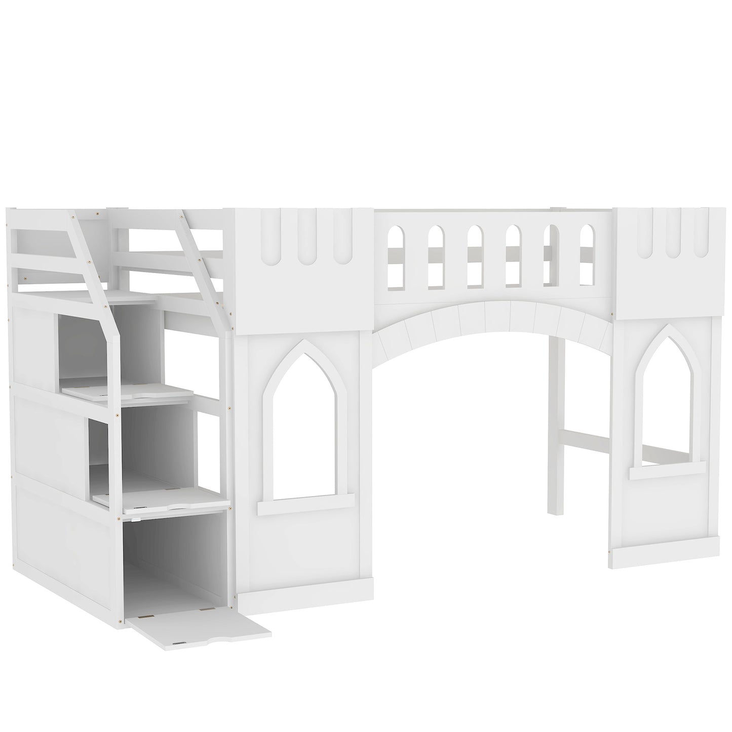 White wooden castle loft bed with integrated storage and stairs for children