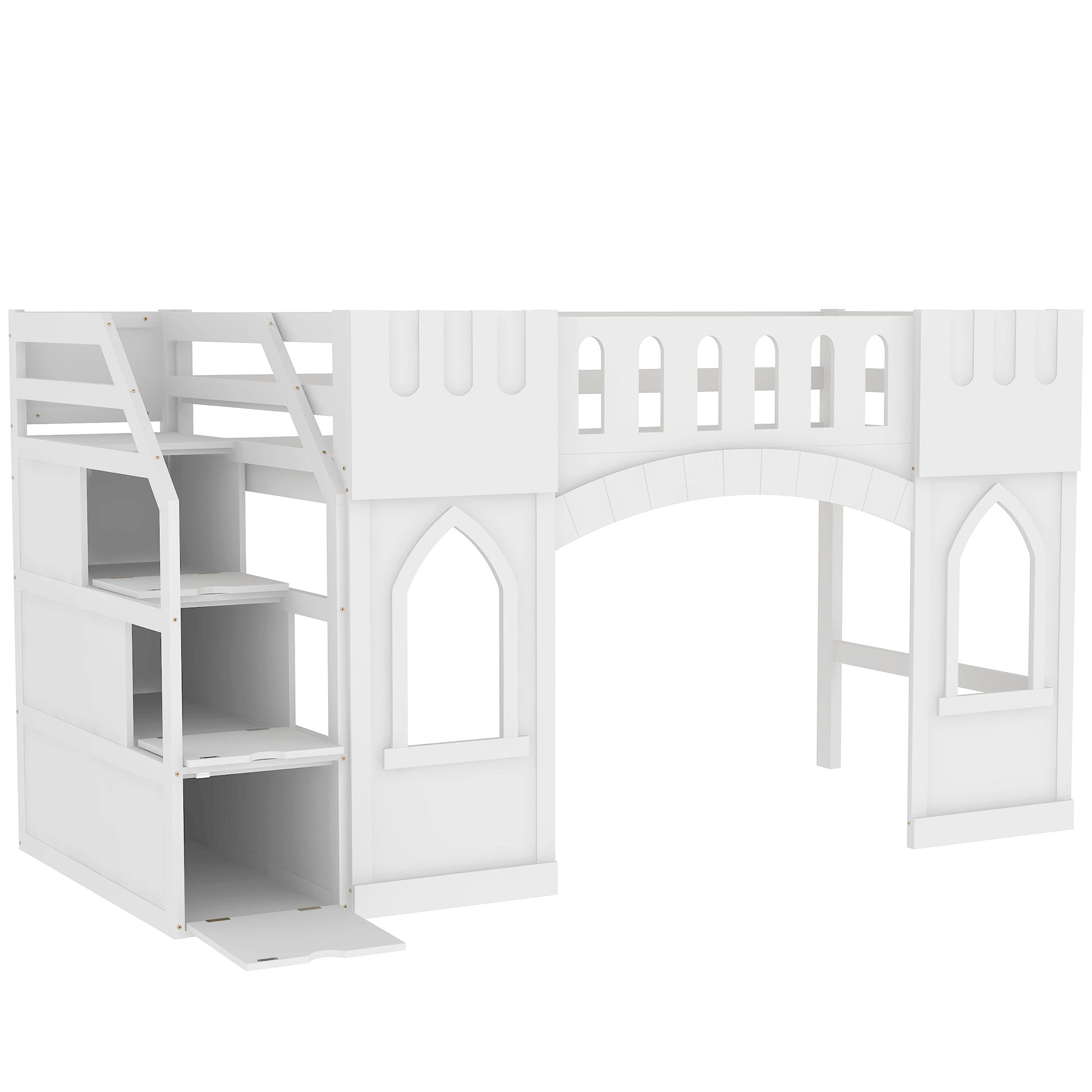 White wooden castle loft bed with integrated storage and stairs for children