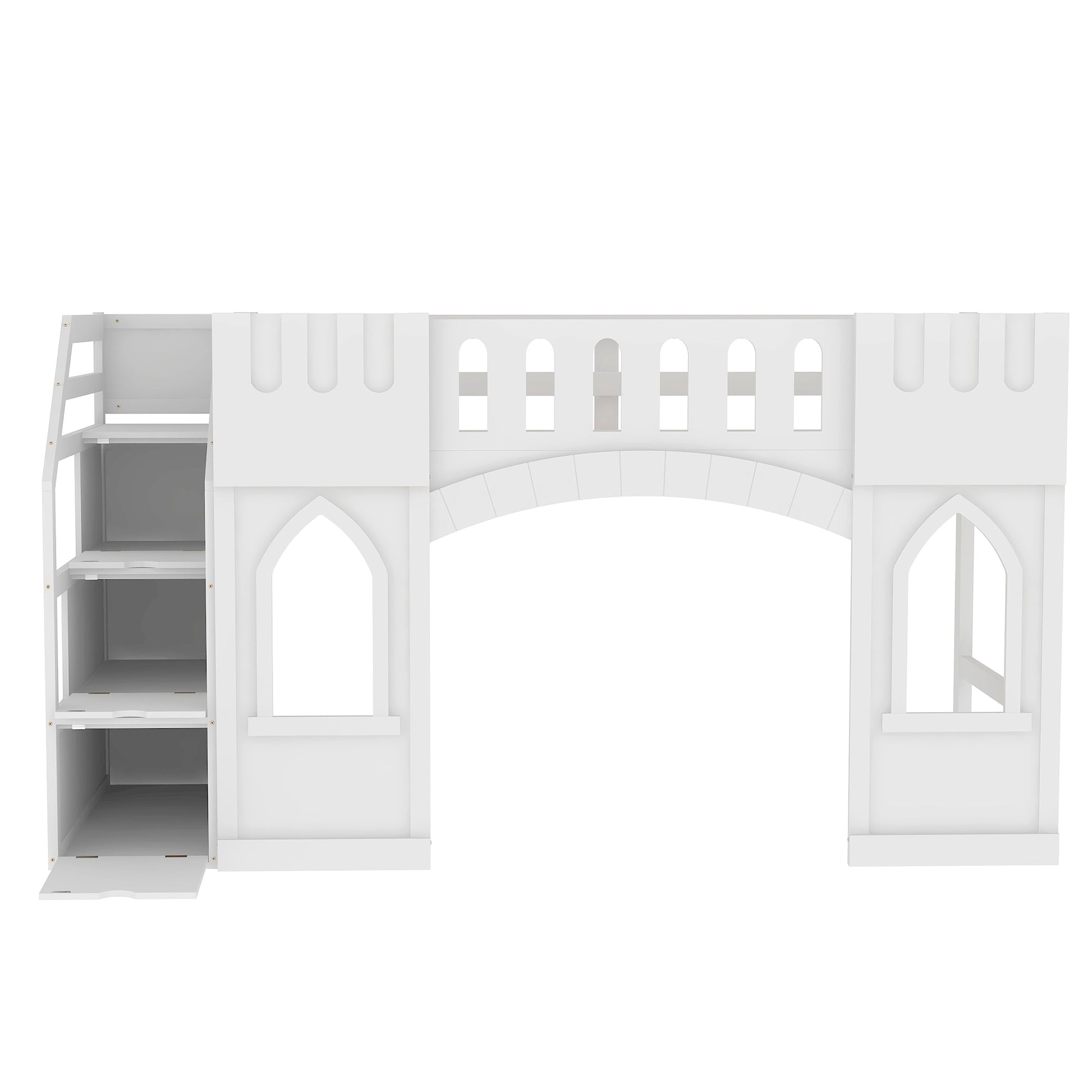 White wooden castle loft bed with archway and storage shelves