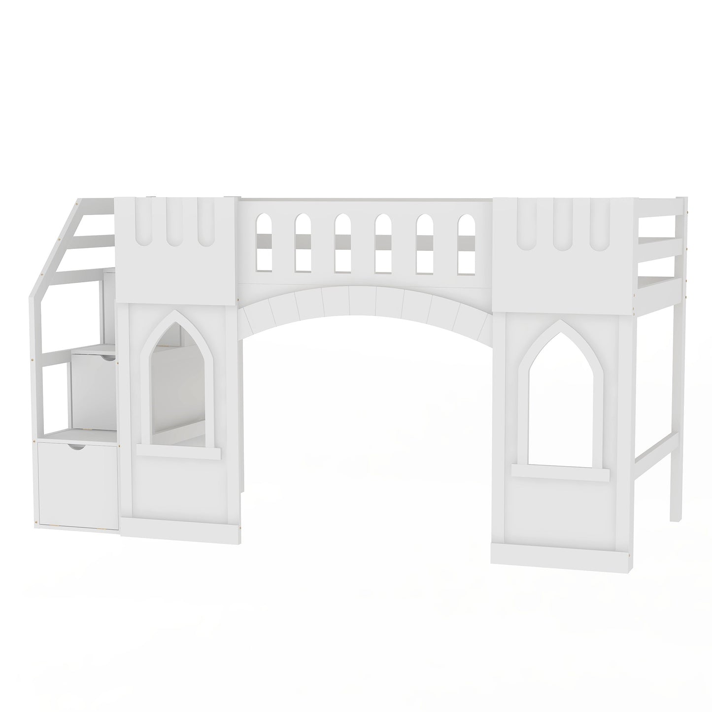White wooden castle loft bed with stairs and drawers