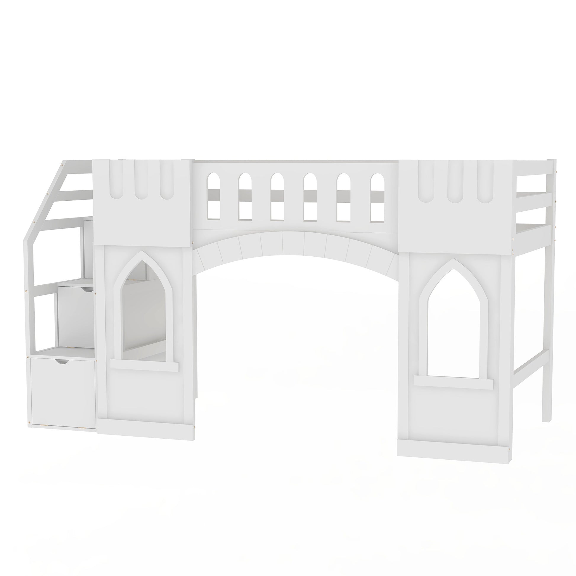 White wooden castle loft bed with stairs and drawers