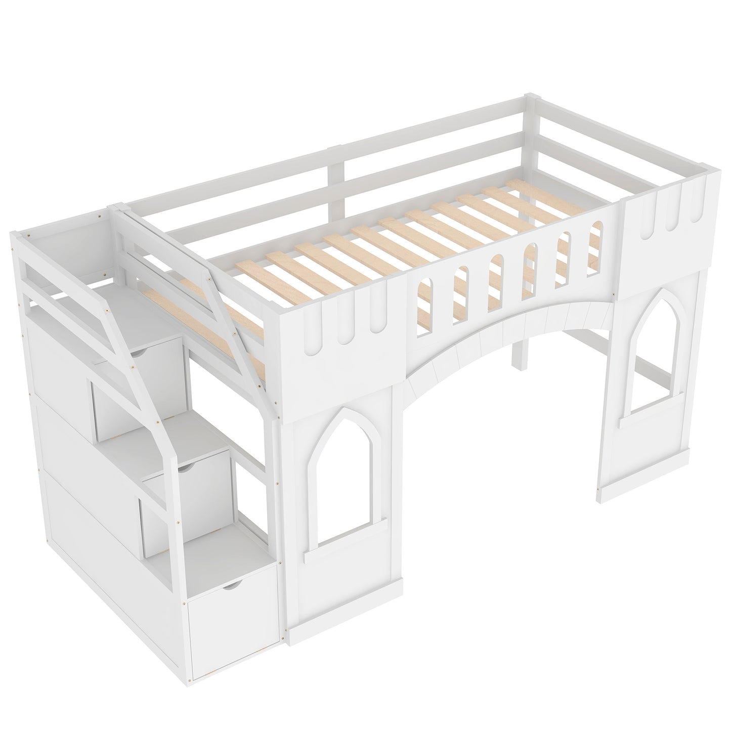 White wooden loft bed with castlethemed accents and integrated storage stairs