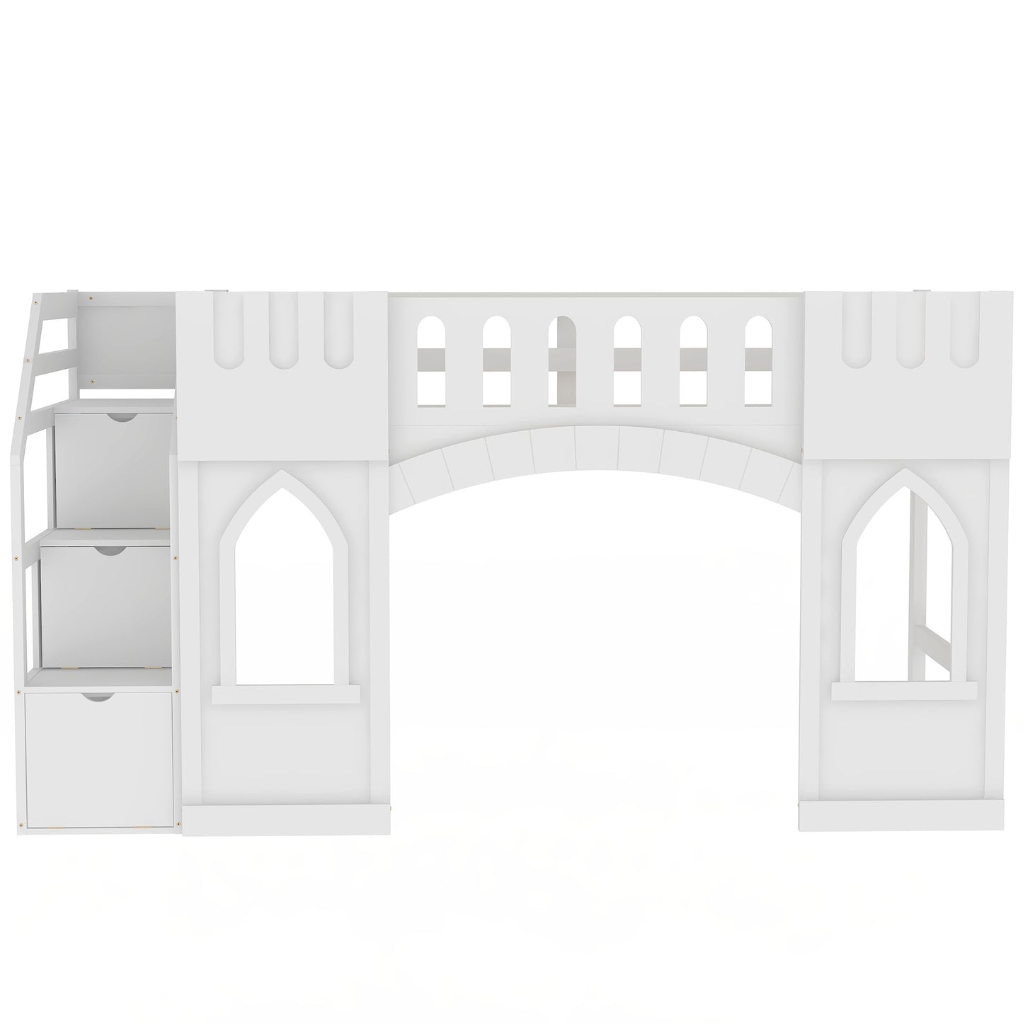 White castle loft bed frame with builtin drawers and arched bridge