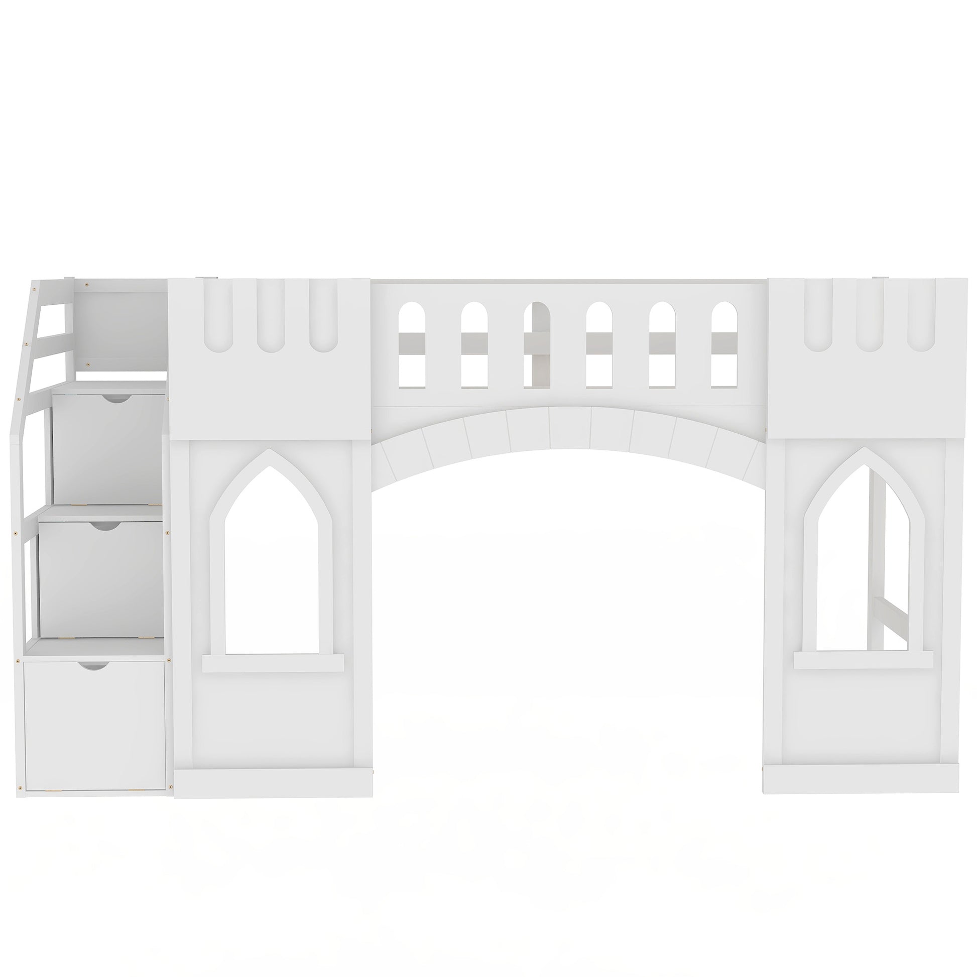White castle loft bed frame with builtin drawers and arched bridge