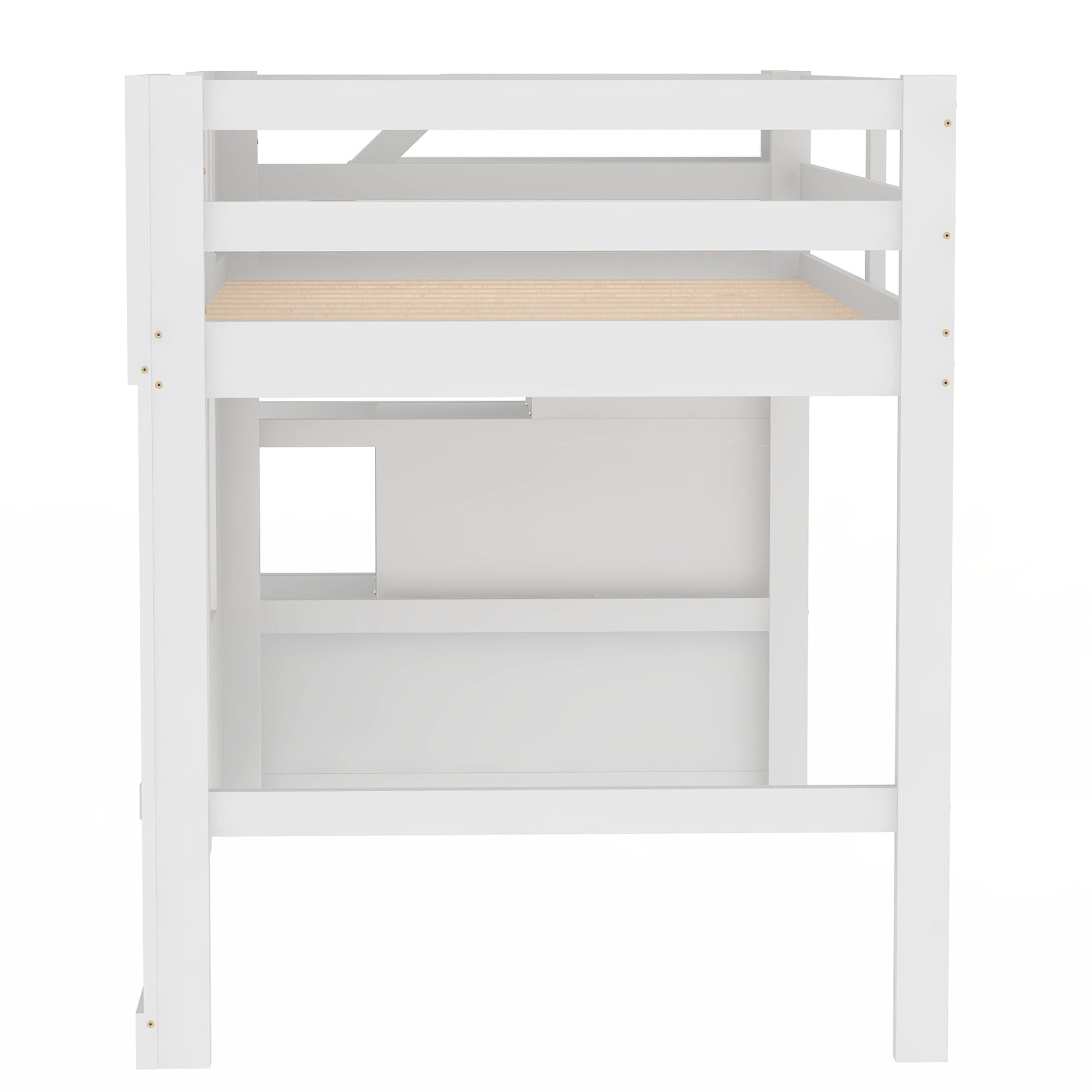 White wooden loft bed frame with slatted deck for kids