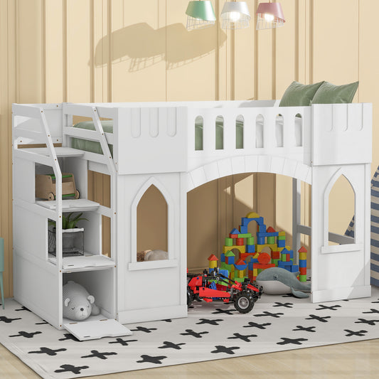 White wooden castle loft bed with integrated storage