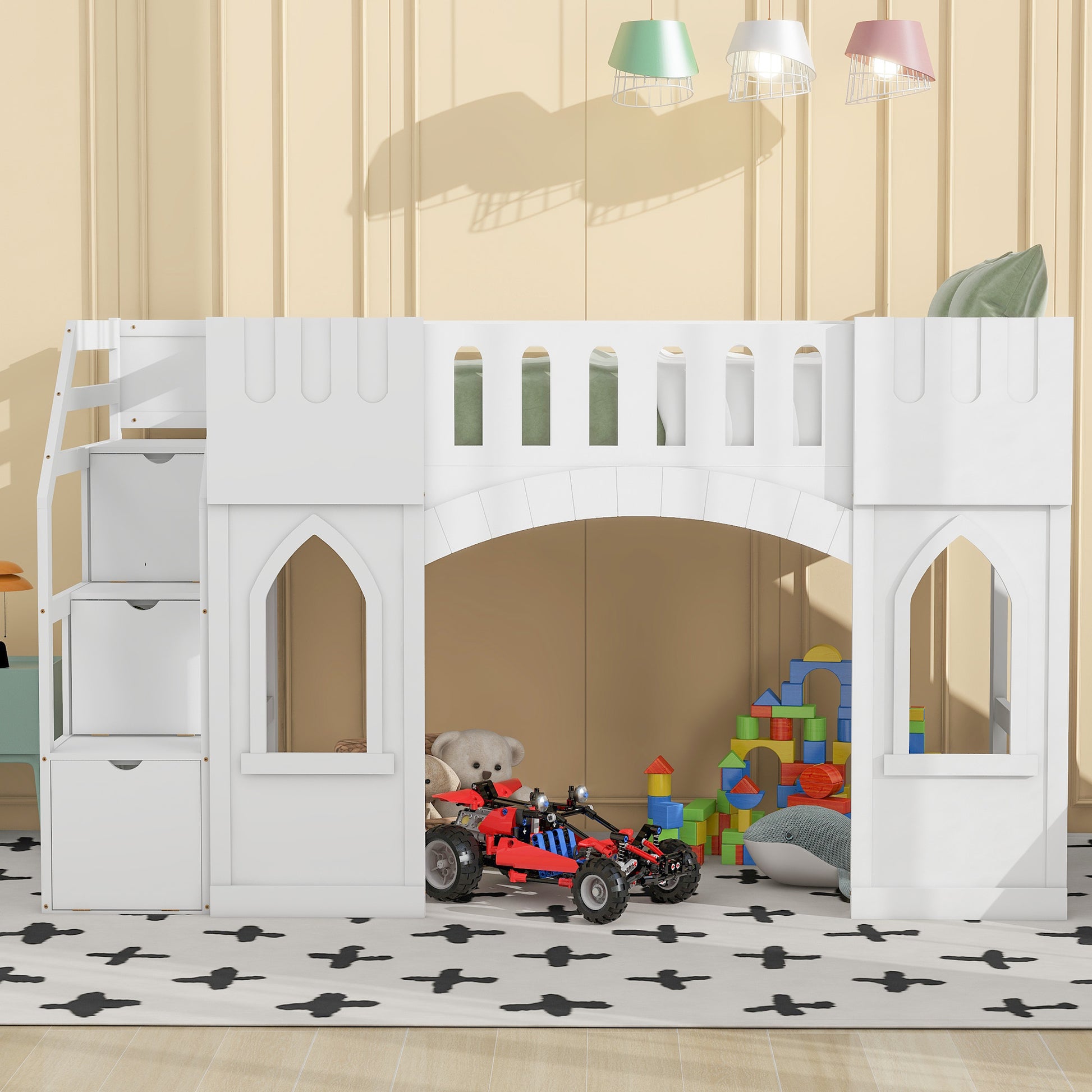 White wooden castle loft bed with integrated drawers and playful design
