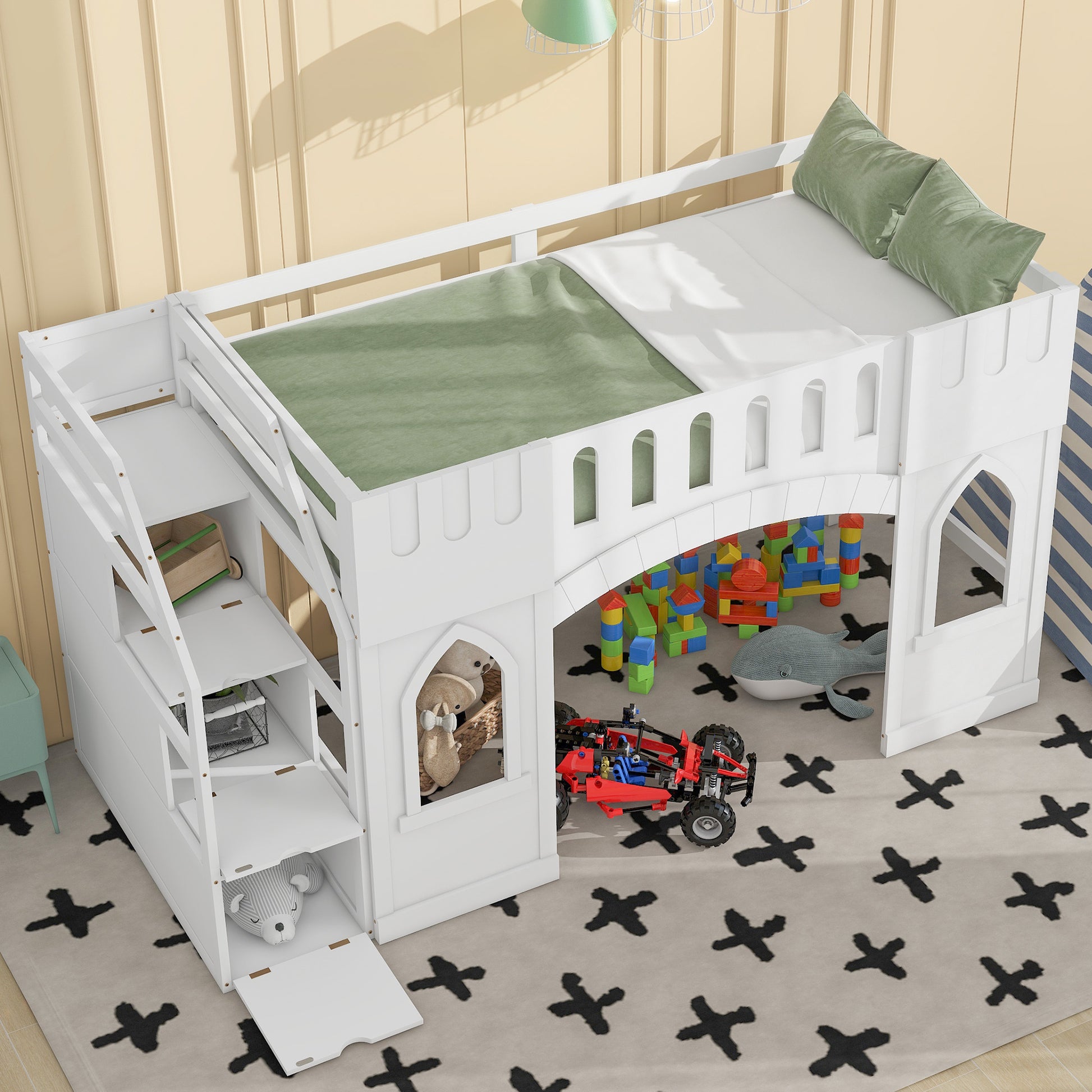 White wooden castle loft bed with green bedding and stairs