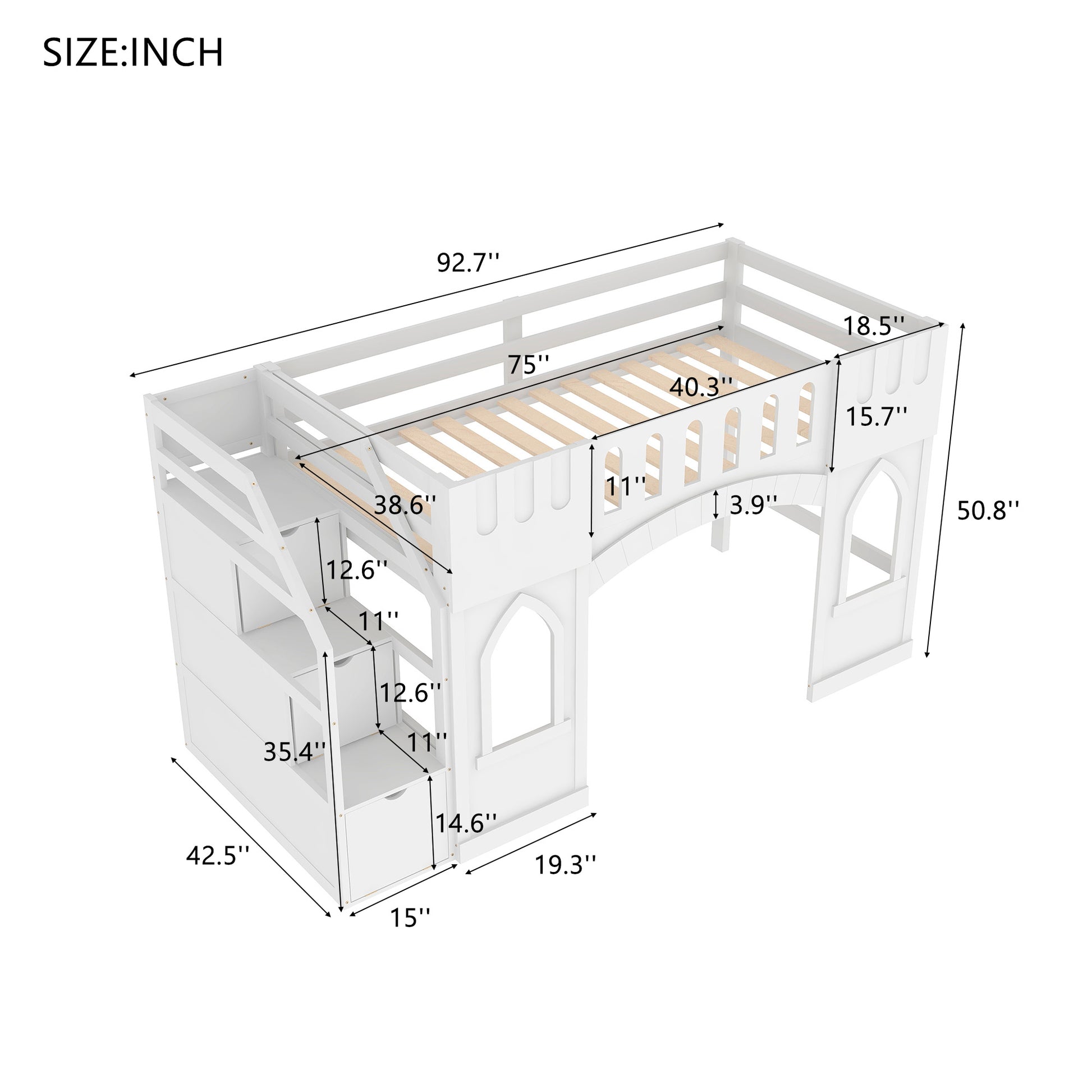 White wooden loft bed with castlethemed guardrails and integrated storage stairs