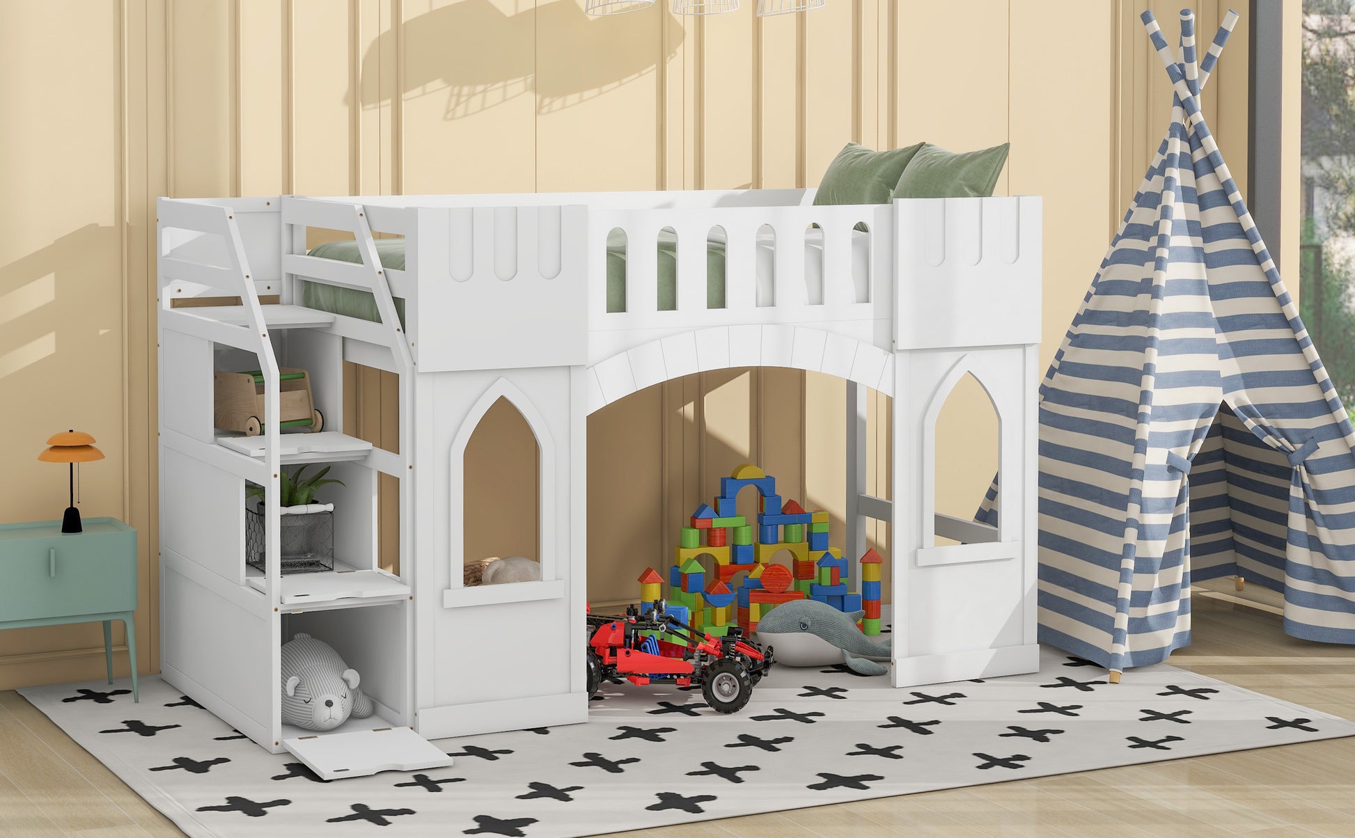 White wooden castle loft bed with ladder and storage shelves