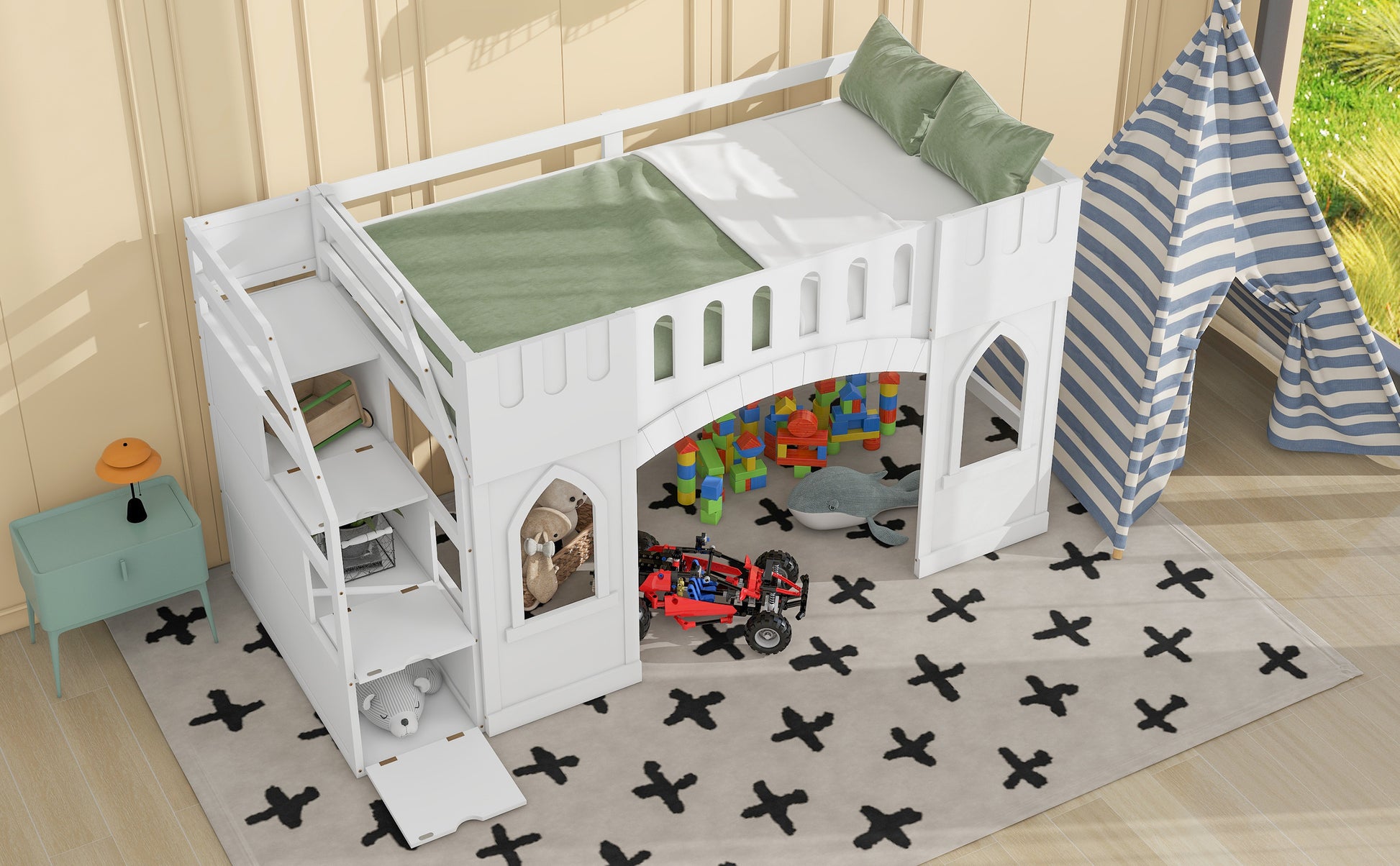 White wooden twin loft bed designed as a castle for kids