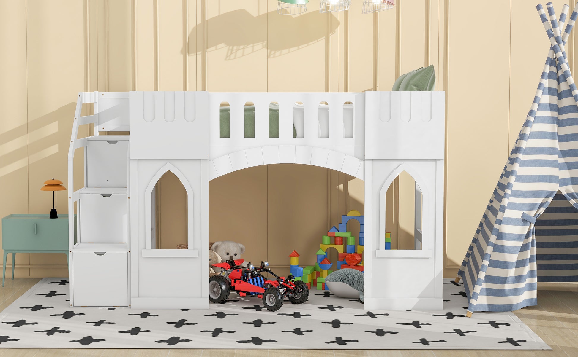 White wooden loft bed with castle design featuring storage drawers and playful decor