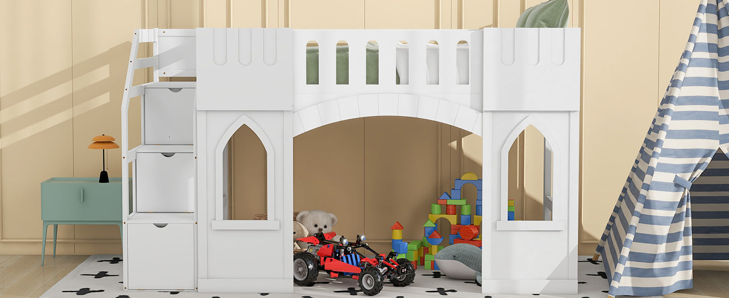 White wooden castle loft bed with storage stairs for kids